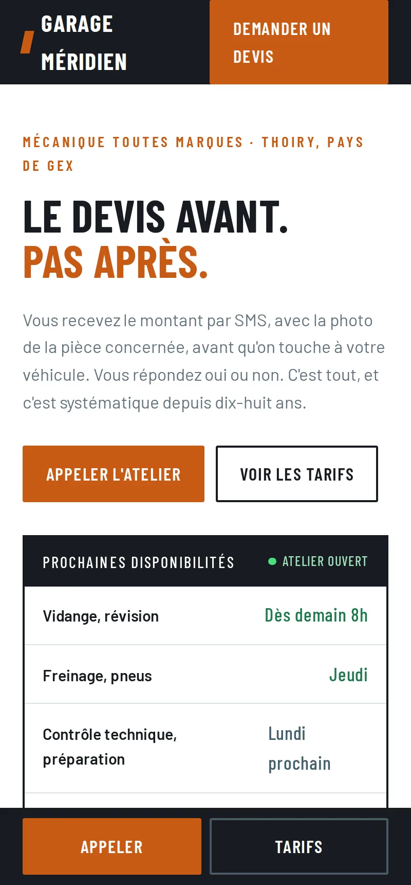 Page d'accueil du site de démonstration Garage Méridien, affichée sur un téléphone